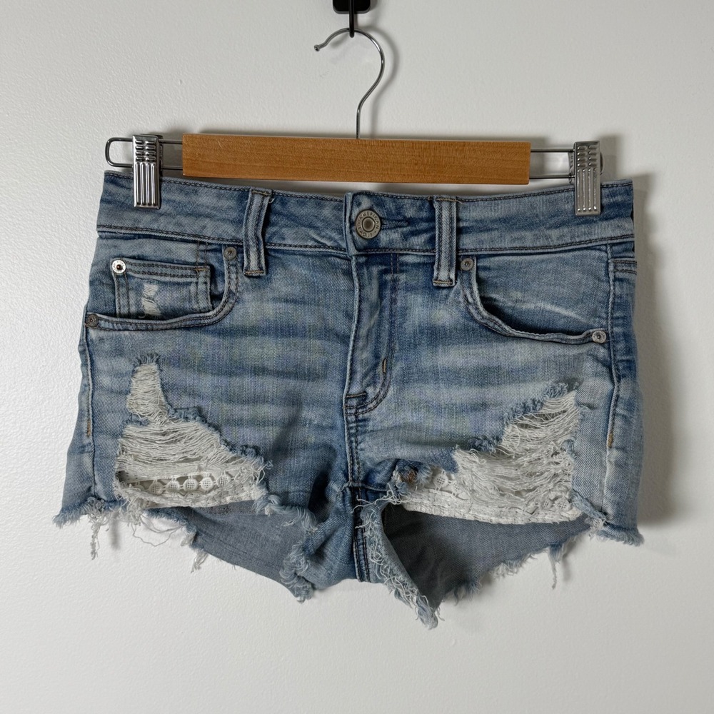 American Eagle Micro Mini Shorts Womens 4 Blue Low Rise Denim Lace Pocket Y2K